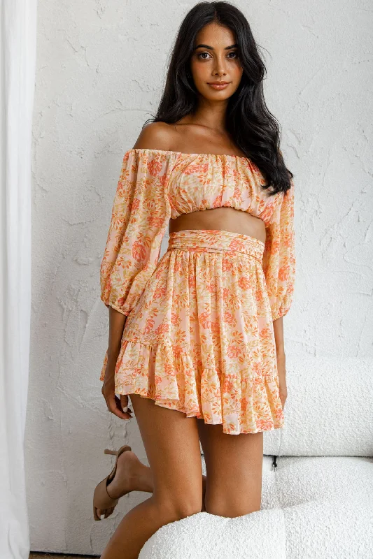 Abby Off-Shoulder Tie-Up Back Crop Top Floral Print Pink Striped Floral Plaid