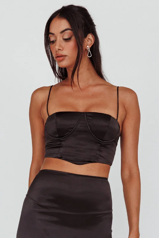 Zeina Satin Crop Top Black Spandex Blend Rayon Blend Denim Blend