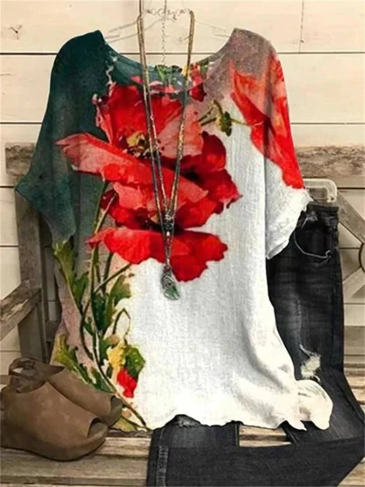 Flower Print Tops Vintage Pullover Spring Summer Loose Short Sleeves Oversized Tee Shirt Fashion T-Shirt 5xl 2024 Round Collar Button Front Sweater
