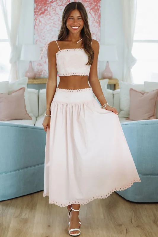 Petal Perfection Crop Top and Midi Skirt Set - Pink Casual Formal Business
