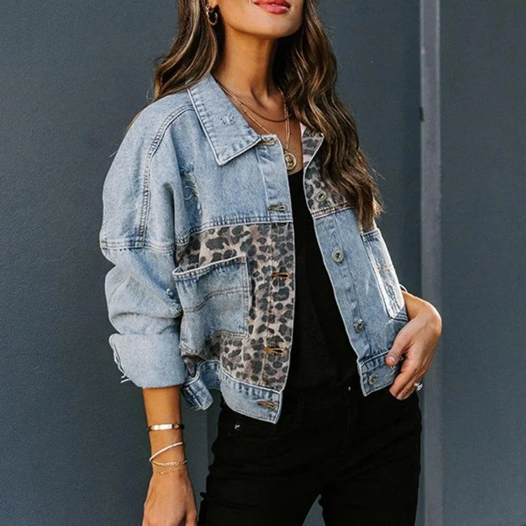 Casual Long Sleeves Leopard Jacket Coats Notch Collar Jacket Peter Pan Collar Jacket Cowl Neck Jacket