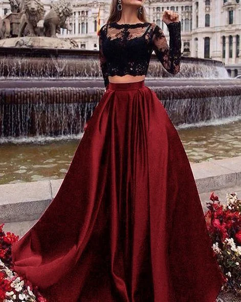 Crop Top Two Pieces Long prom Dress with lace appliques with Long sleeves  cg8706 Chenille Fabric Brocade Fabric Lace Fabric