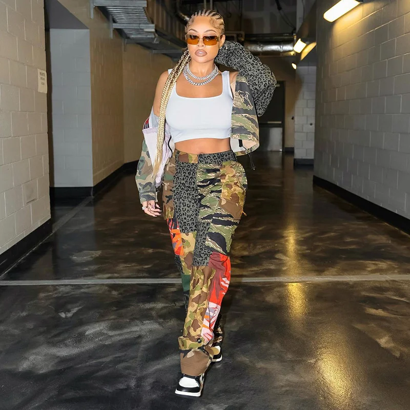 Fashion Ladies Printed Casual Loose Camouflage Trousers Trousers Flared Retro