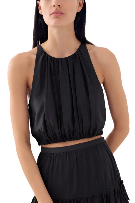 Lena Top - Elastic Waist Crop Top Black Front Pockets Side Pockets Patch Pockets