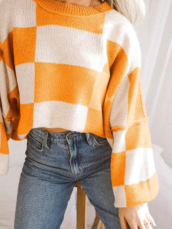 Chunky Knit Checkered Pullover Flutter Sleeve Feminine