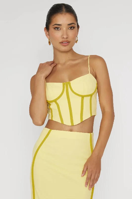 Ferrera Piping Trim Crop Top Yellow Zippered Front Buttoned Front Snap Front