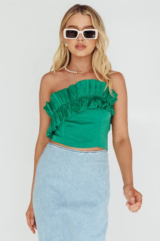 La Belle Frill Neckline Crop Top Green Spandex Blend Rayon Blend Denim Blend