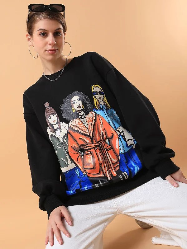 Women Graphic Black Oversized Pullover-6308-Black Oblong Neck Pullover