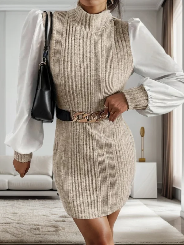 Blue Zone Planet |  Ribbed Contrast Long Sleeve Sweater Dress Seamless Knitted Crochet