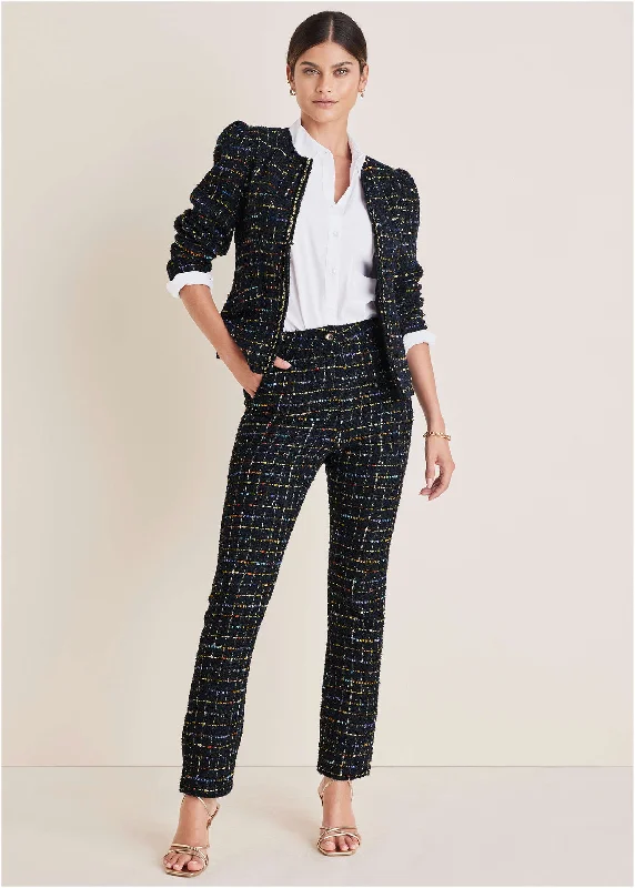 Tweed Straight Leg Trousers - Black Multi Trousers Silk Elegant