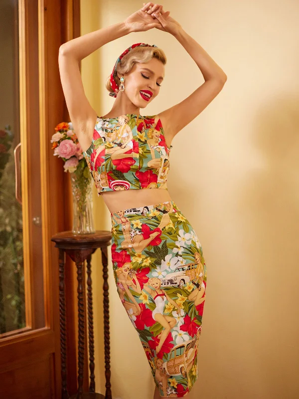 2PCS 1960s Retro Lady Crop Top & Pencil Skirt Rayon Velvet Corduroy