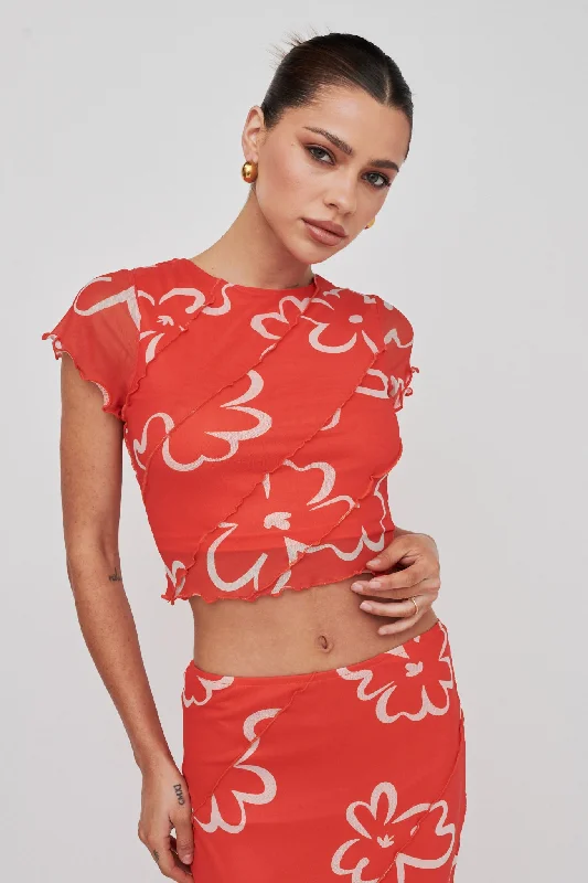 Gold Rush Crop Top Print Orange Mesh Canvas Denim