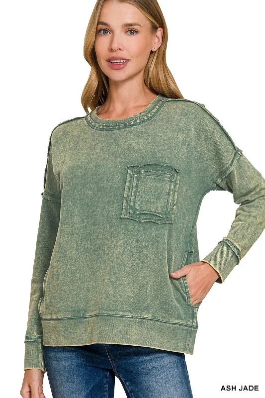 FRENCH TERRY ACID WASH FRONT POCKET PULLOVER in ASH JADE Zipper Front Cardigan