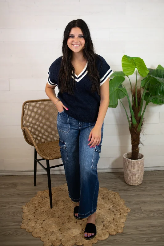 Cable Knit Dolman Short Sleeve Sweater-Navy Lace Blend Ribbed Blend Corduroy Blend