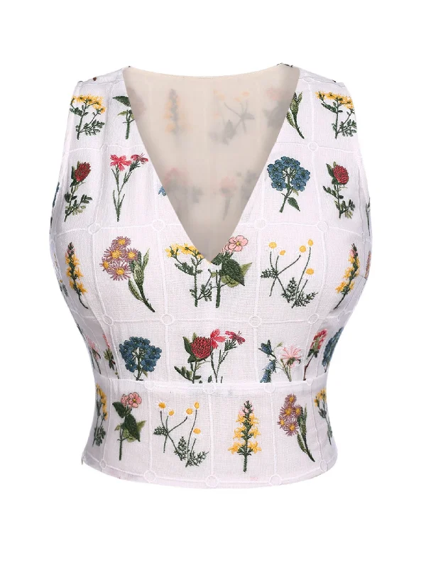 White 1950s Floral Embroidery Crop Top Layered Multi-layer Single Layer