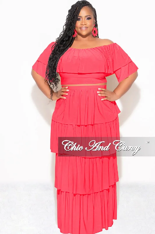 Final Sale Plus Size 2pc Ruffle Tiered Off the Shoulder Crop Top Maxi Skirt Set in Coral Cashmere Blend Cotton Blend Poly Blend