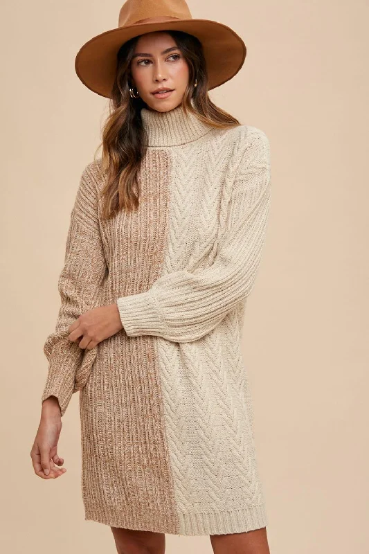 Color Block Turtleneck Sweater Dress Striped Floral Plaid