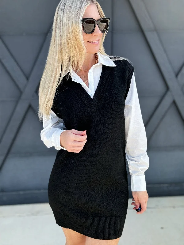 Mini Sweater Dress With Layered Shirt In Black Boxy Sweater Fitted Sweater A-Line