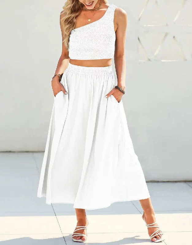 Anrabess 2 Pieces Outfits Crop Top & High Waist Dress Set with Pockets Satin Blend Silk Blend Wool Blend