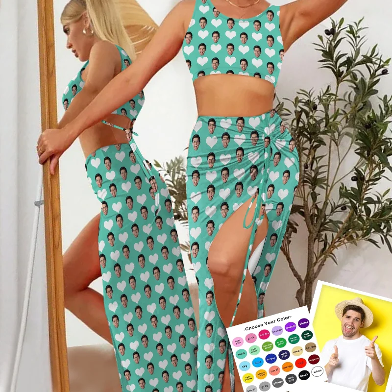26+ Colors Custom Face Heart Beach Outfits Dress Personalized Women's Sleeveless Backless Crop Top & Side Slit Drawstring Skirt Set Beaded Sequined Faux Fur