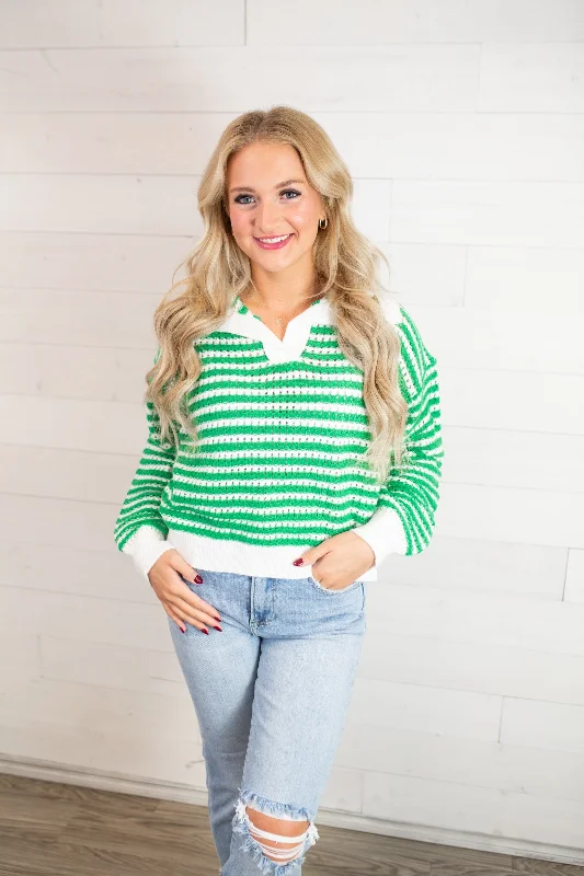 J.nna Stripe Collar LS Knit Sweater-Green & White Modern Contemporary Chic