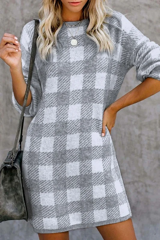 Checker Plaid Slim Knitwear Sweater Dress Iron Safe Non-Iron Wrinkle Free