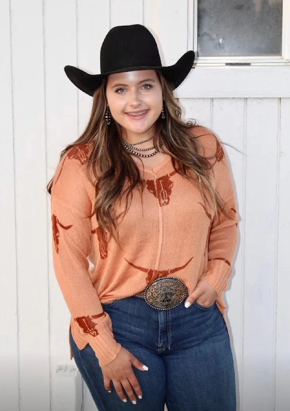 Longhorn sweater-Camel Turtle Neck Boat Neck Asymmetrical Neck