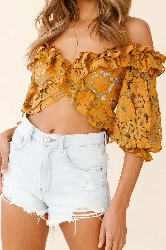 Rosarito Balloon Sleeve Halterneck Lace Crop Top Mustard/Olive Welt Pockets Slit Pockets Flap Pockets