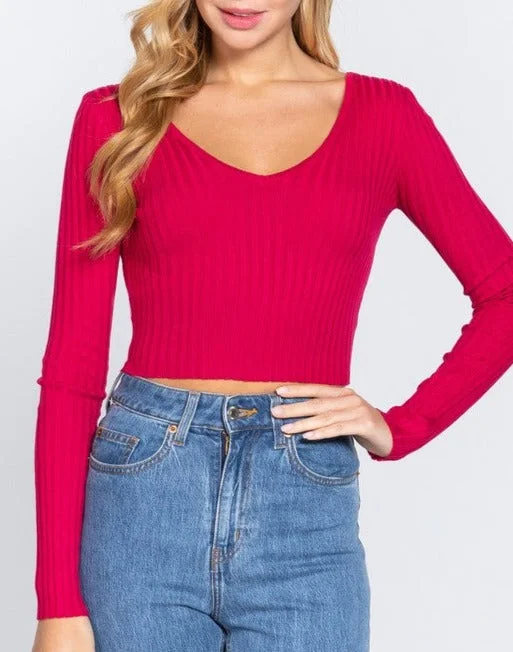 V-Neck Ribbed Crop Sweater Lace Blend Ribbed Blend Corduroy Blend