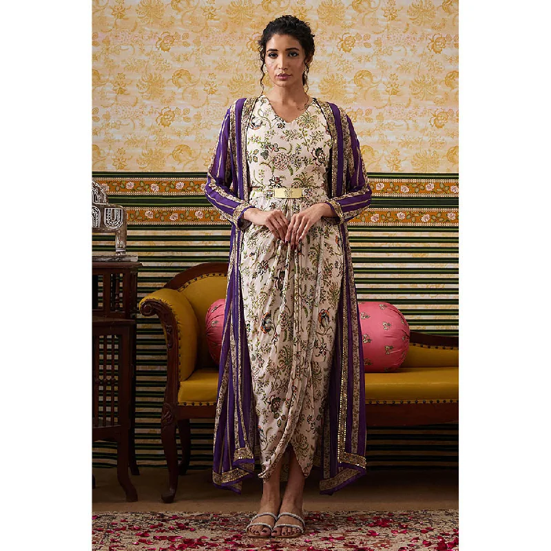 Soup by Sougat Paul Mehr Cream Floral Maxi Dress with Jacket (Set of 2) Satin Fabric Silk Fabric Chiffon Fabric