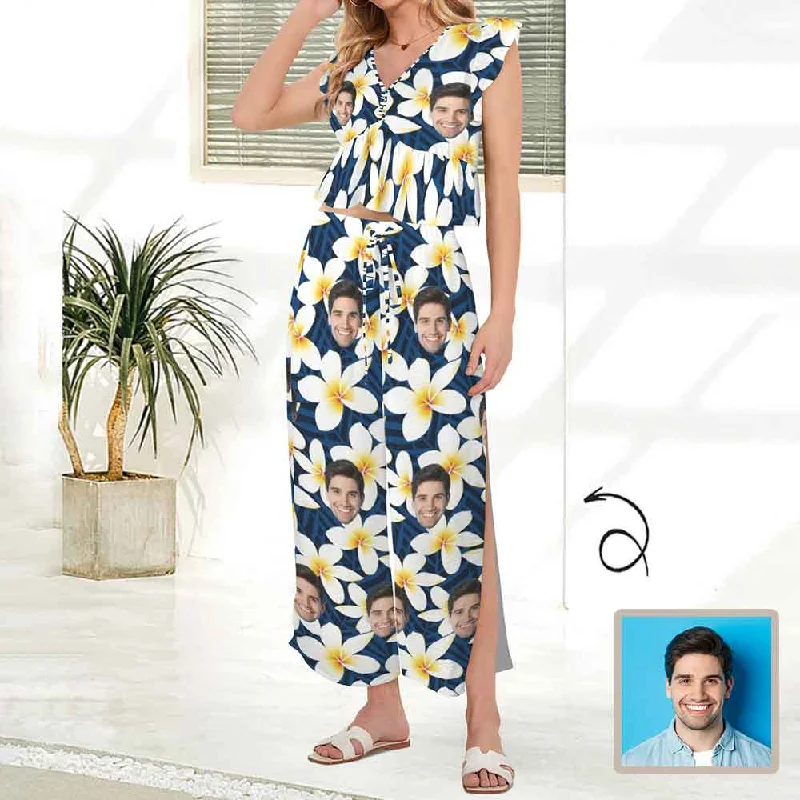 Custom Face Blue Lily Women's Deep V Neck Crop Top Side Slit Drawstring Wide Leg Pants Set Zippered Buttoned Snapped