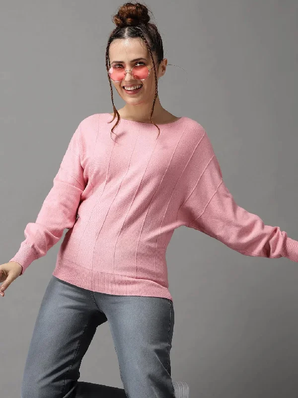 Women's Pink Solid Pullover Sweater-BLR-019-Pink Cable Knit Chunky