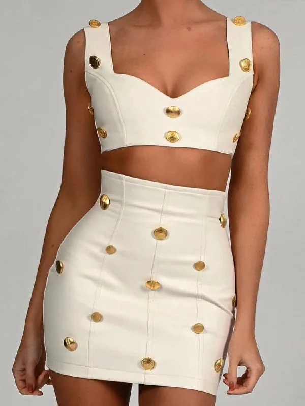 Mozision Button Trim Sexy Dress Set Women Outfits 2023 New Square Collar Sleeveless Crop Top And Mini Skirt Party Two Piece Sts Elegant Classic Vintage