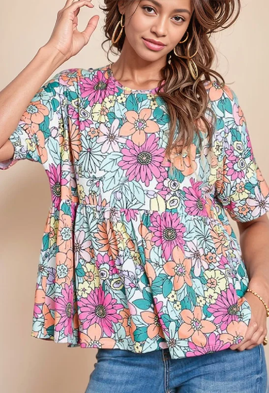 2024 Summer New Arrival Short Sleeve Floral T-shirt Women's Fashion Style Casual round Neck Women's Short Half Sleeve Pullover Thick Cable Knit