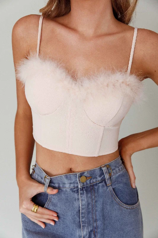 Jovi Feather-Trim Crop Top Nude Welt Pockets Slit Pockets Flap Pockets