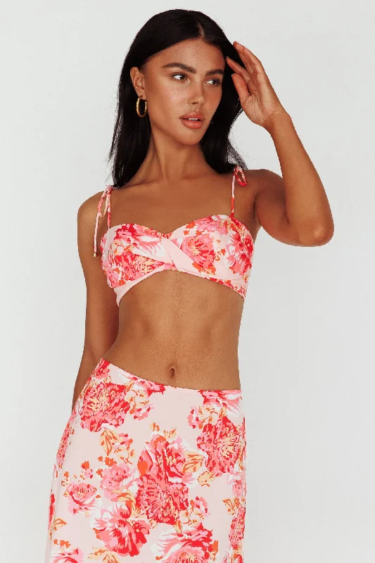 Gabbi Tied Shoulder Crop Top Floral Pink Terry Blend Velvet Blend Canvas Blend