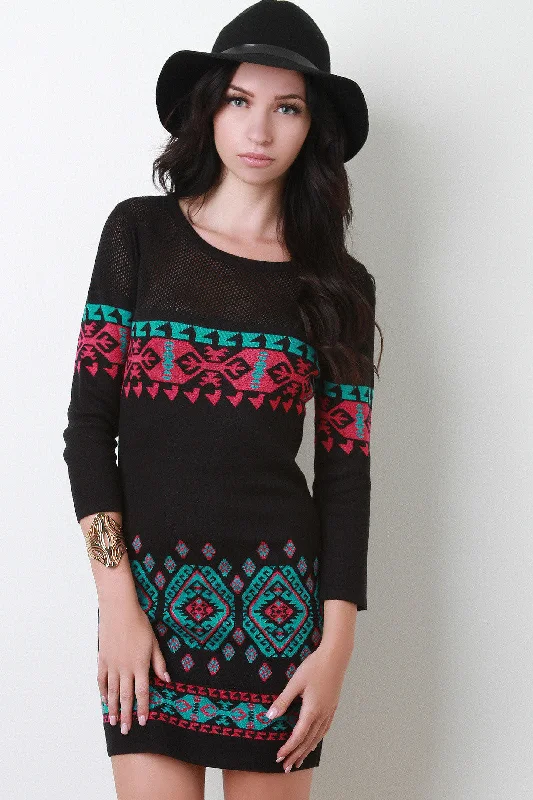 Mesh Tribal Sweater Dress Beaded Sweater Sequined Faux Fur