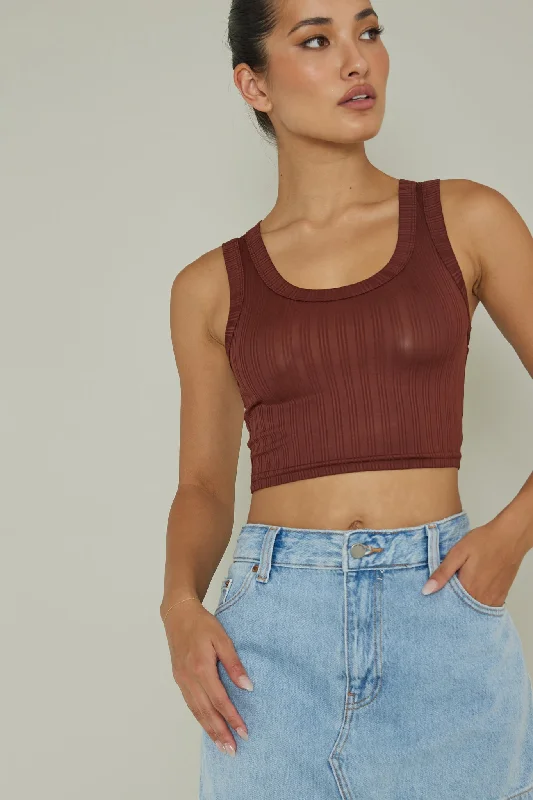 In Sync Scoop Neck Crop Top Chocolate Solid Color Striped Floral