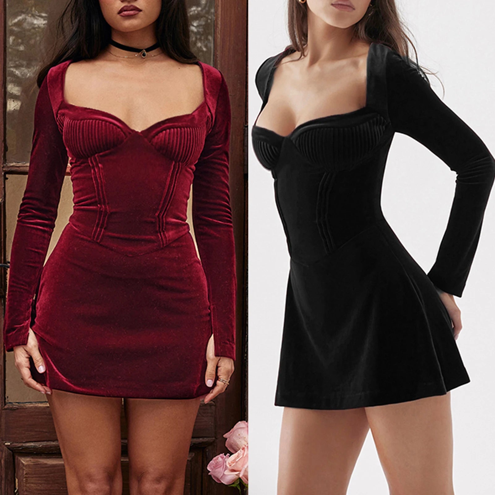 TAVIMART  -  Women Corset Short Dress Chic Velvet Pleated Mini Dress Solid Color Pullover Slim Fit Homecoming Dress Long Bell Sleeve