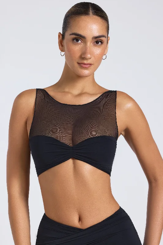 Sheer Panelled Ruched Crop Top in Black Embroidered Appliqued Beaded