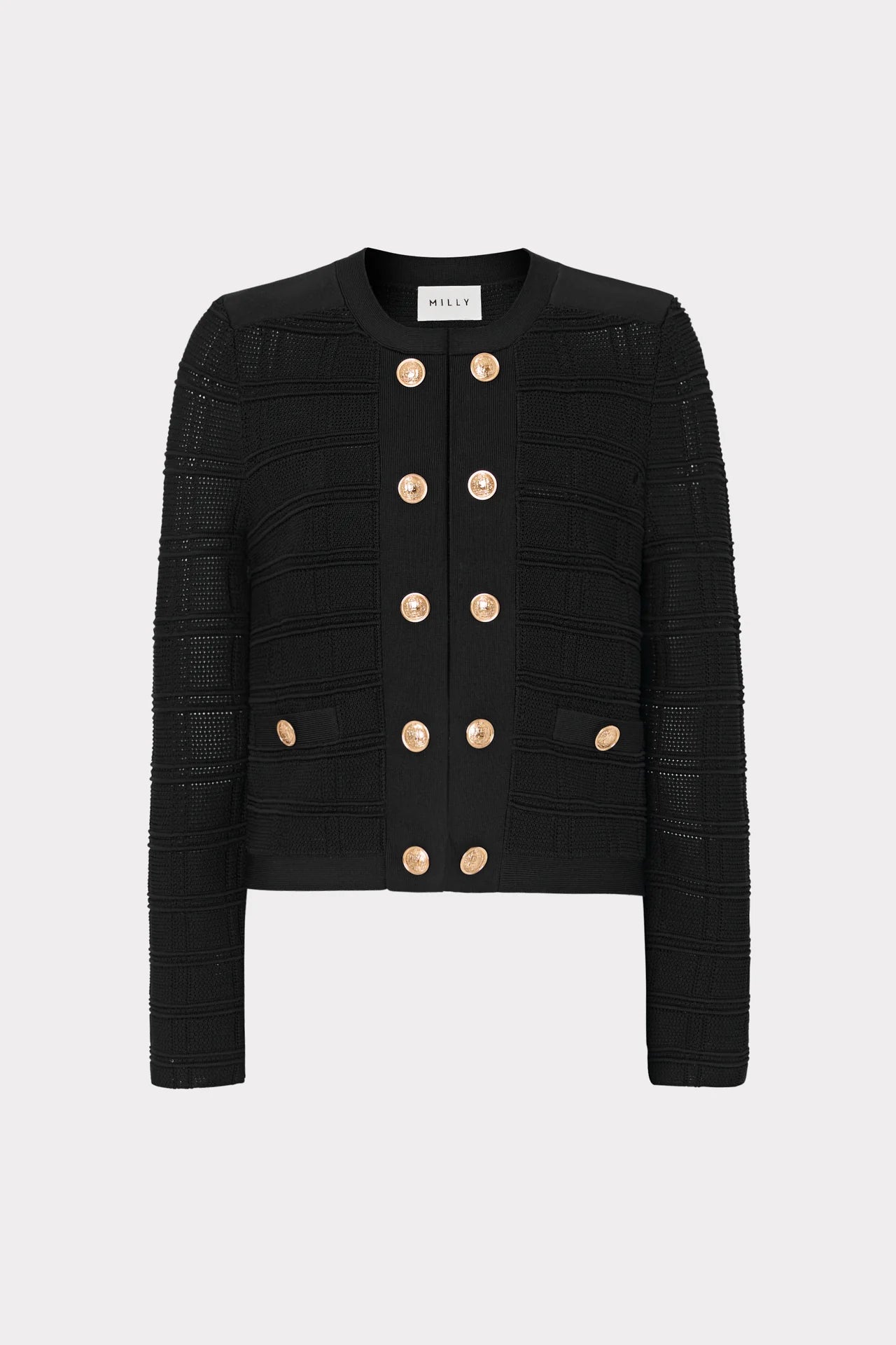 Pointelle Textured Knit Jacket Black - MILLY Faux Fur Fabric Real Fur Fabric Shearling Fabric