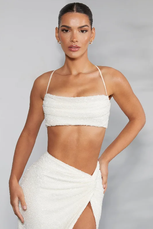 Embellished Cross Back Crop Top in Ivory Handmade Hand-knitted Hand-woven