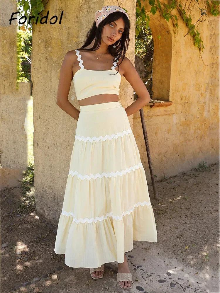 Znbbw Stripes Light Yellow Cotton Summer Dress Set Women Crop Top+skirt 2 Pcs Matching Set Oufits New Beach Sundress 2024 Chenille Blend Fleece Blend Nylon Blend