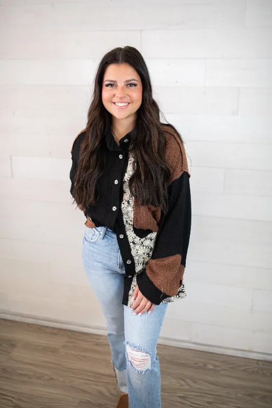 POL Floral Black Sweater Sequined Glittery Shiny