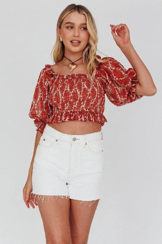 Meet Cute Shirred Bust Off-Shoulder Crop Top Floral Beige Striped Floral Plaid