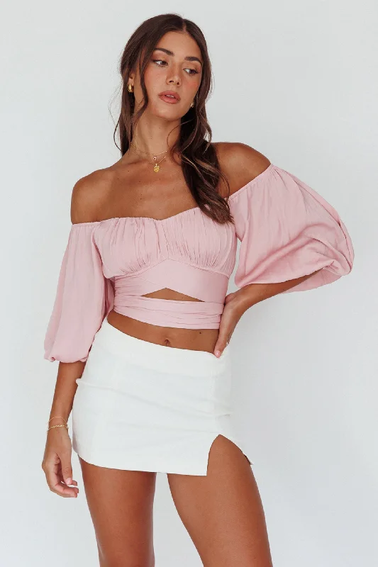 Linka Off-Shoulder Half Sleeve Tie-Back Crop Top Blush Asymmetrical Pockets Print