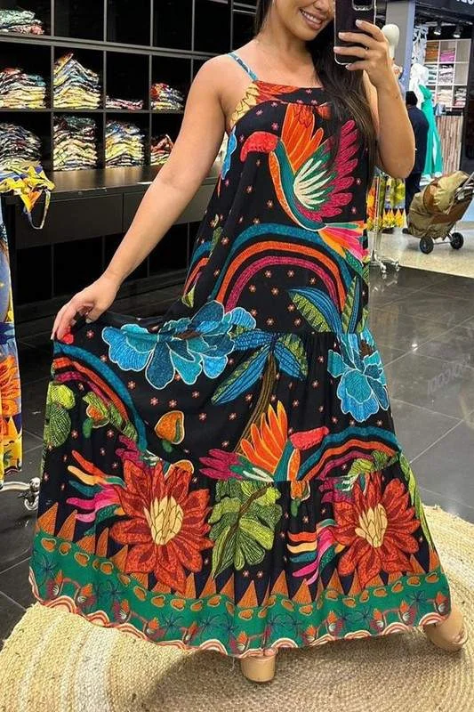 PULLOVER PRINTED FLARE MAXI DRESS Elbow Length Sleeve