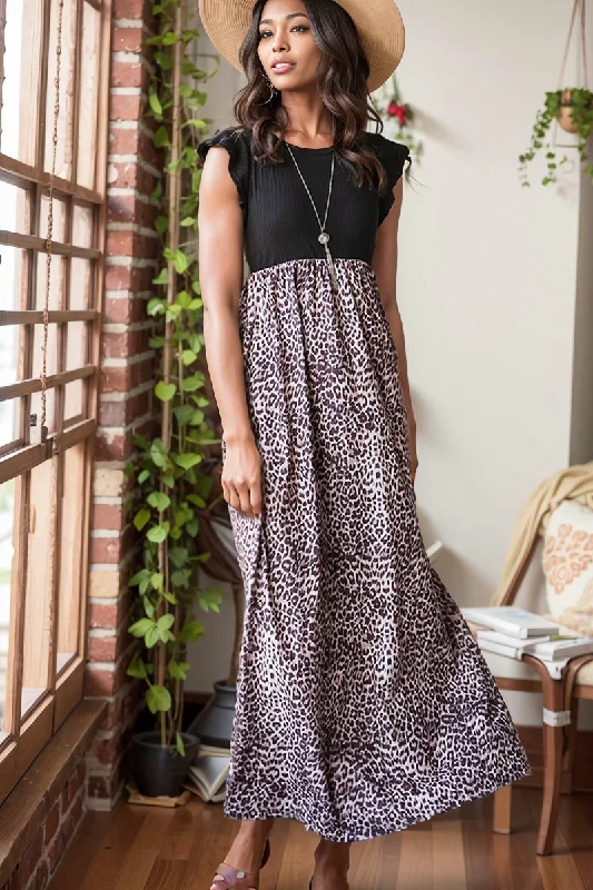 Summer New Arrival Leopard Splicing Black Dress Women's European and American Personalized Skirt with Pockets Long Pullover High Neck Pullover