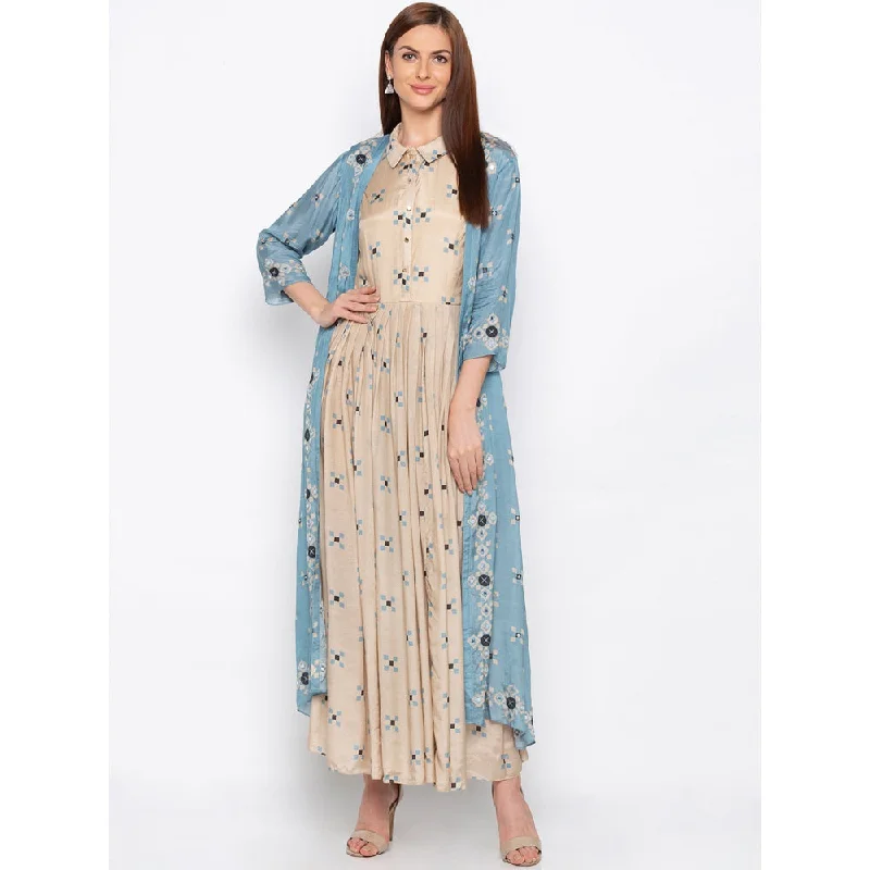 Soup by Sougat Paul Beige Collar Neck Dress With Jacket - Customisable (Set of 2) Embroidered Jacket Appliqued Jacket Beaded Jacket