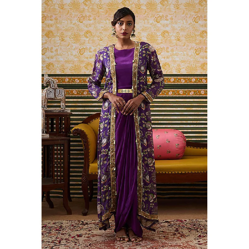 Soup by Sougat Paul Mehr Purple Floral Maxi Dress with Jacket (Set of 2) V-Neck Jacket Boat Neck Jacket Square Neck Jacket